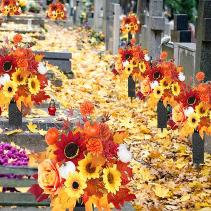 Artificial Fall Cemetery Flowers for Grave - Orange Mums & Pumpkins with Variation Wine