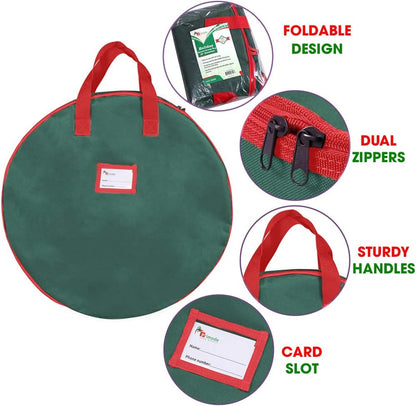 Primode Christmas Wreath Storage Bag - 30" Artificial Wreath Container - Durable 420D Oxford - 2 Pack, Green