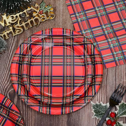 Whaline Christmas Plaid Disposable Tableware Set for 24 Guests - Red Gingham Party Supplies