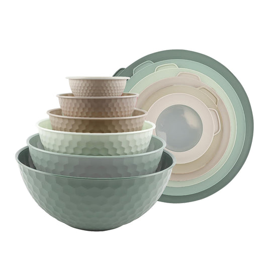 COOK WITH COLOR Mixing Bowls with Lids - 12 Piece Plastic Nesting Bowls Set includes 6 Prep Bowls and 6 Lids, Non Slip Bottom and Embossed Design - Microwave Safe (Mint)