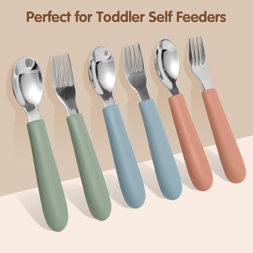 Eascrozn Toddler Utensils - Kids Silverware Set with Silicone Handles | 6 Pack, Dishwasher Safe, 18/8 Stainless Steel