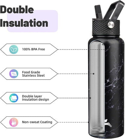 Skiennix 40oz Insulated Stainless Steel Water Bottle - Marble Midnight | 3 Lids Included