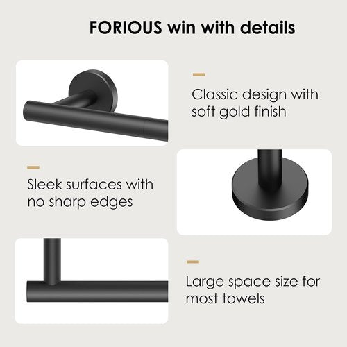FORIOUS 24-Inch Black Towel Bar - Durable Stainless Steel Bathroom Rack with Mounting Hardware