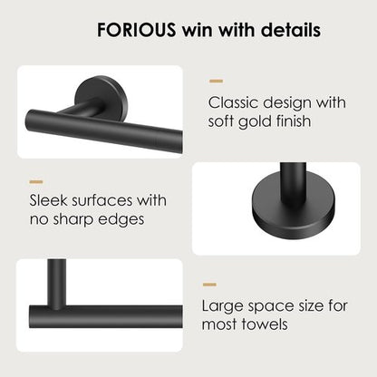 FORIOUS 24-Inch Black Towel Bar - Durable Stainless Steel Bathroom Rack with Mounting Hardware
