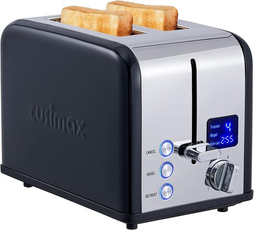 CUSIMAX 2-Slice Stainless Steel Toaster - Extra-Wide 1.5'' Slots, LED Display & 6 Browning Settings | Black