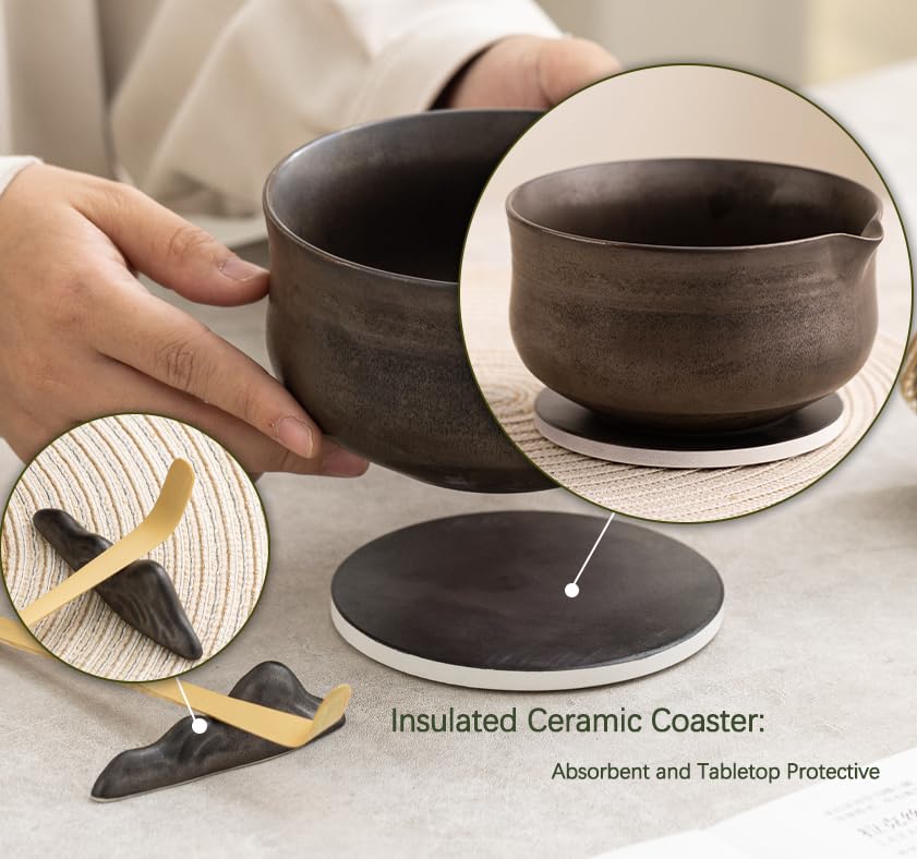 Ochcahser Matcha Whisk Set, Matcha Bowl with Spout and Coaster, Matcha Whisk and Holder, Sifter, Scoop, Spoon, Cleaning Brush - 10 Pcs Complete Ceramic Matcha Kit