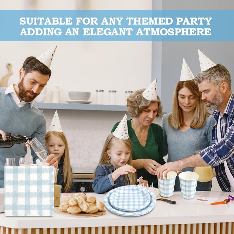 Skiennix 168Pcs Gingham Party Supplies - Disposable Dinner Set for 24 Guests | Blue Plates, Napkins & Cutlery