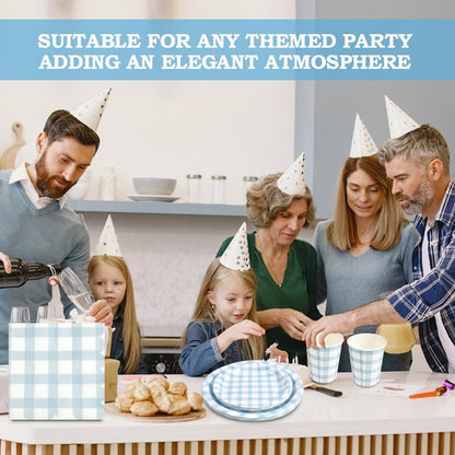 Skiennix 168Pcs Gingham Party Supplies - Disposable Dinner Set for 24 Guests | Blue Plates, Napkins & Cutlery