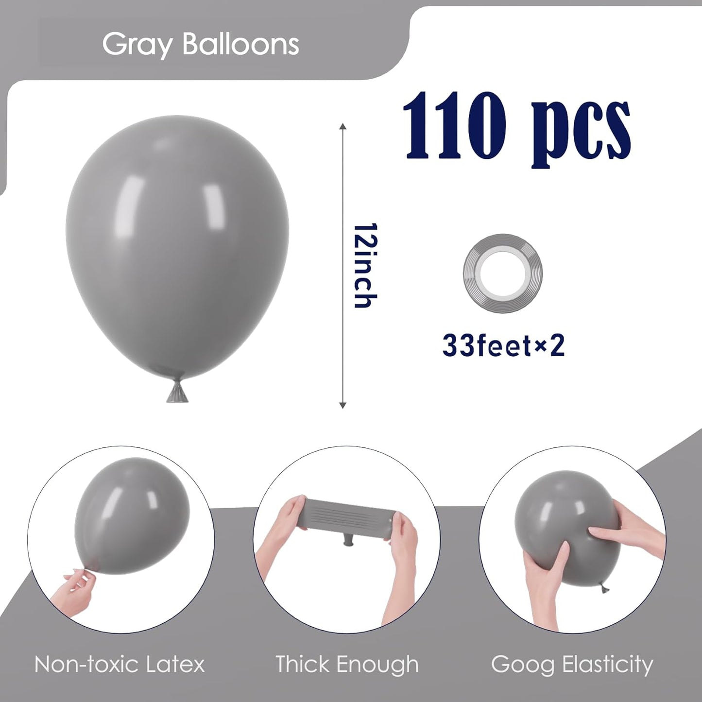 Voircoloria 12-Inch Gray Balloons - 110pcs Latex Party Balloons for Weddings, Graduations & Celebrations