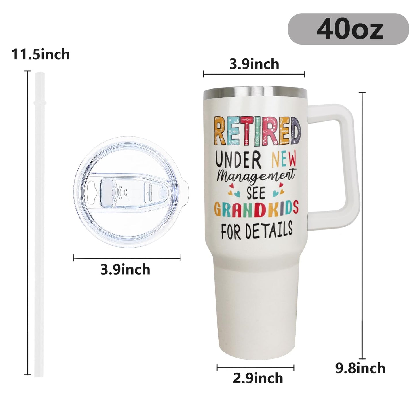 Retired Tumbler Retirement Gifts for Women Grandma - Retired Under New Management See Grandkids For Details Tumbler, 40 oz Tumbler with Handle and Straw, Reusable Stainless Steel Retirement Mug