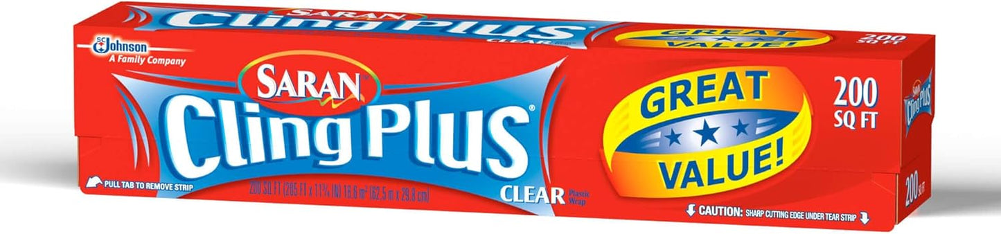 Saran Cling Plus Plastic Wrap - Clear Food Storage with Easy Dispense | 200 Sq Ft Roll