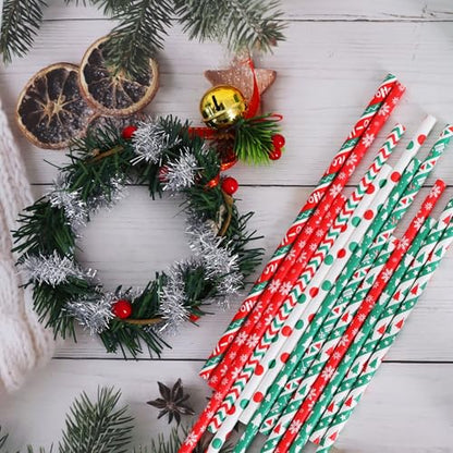 Green Christmas Paper Straws - 100 Pack for Holiday Parties & DIY Decorations
