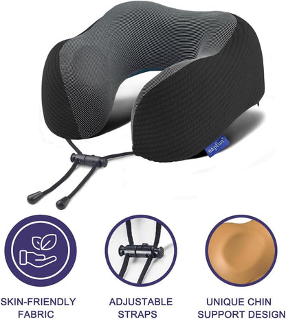 Napfun Neck Pillow - Memory Foam Travel Pillow with Pouch, Sleep Mask & Earplugs | Black Striped Kit