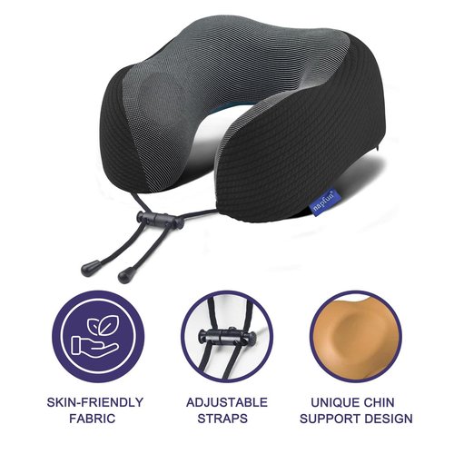napfun Neck Pillow for Travel with Travel Pouch, Sleep Mask & Earplugs, Memory Foam Airplane Pillow for Headrest Sleep with Eyeshades, Plane Essentials with Eye Blindfold, Black Striped Kit