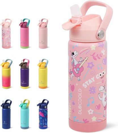 DLOCCOLD Insulated Kids Water Bottle - Leak Proof Straw Lid, Double Wall Stainless Steel, Reusable Tumbler for Travel