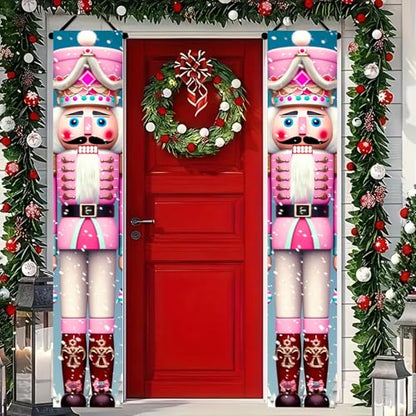 Pink Nutcracker Christmas Porch Banner Set - 71x12 Inch Holiday Door Decorations