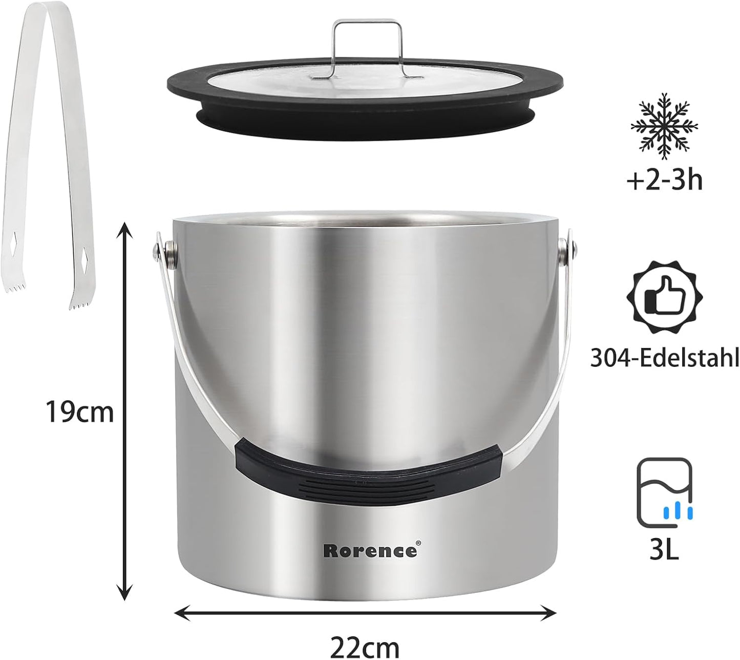 Rorence 3L Ice Buckets for Parties, Stainless Steel Ice Bucket with Lid & Ice Tong, Double Wall Insulated Stainless Steel Champagne Bucket Wine Bucket for Cocktail Bar