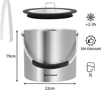 Rorence 3L Ice Buckets for Parties, Stainless Steel Ice Bucket with Lid & Ice Tong, Double Wall Insulated Stainless Steel Champagne Bucket Wine Bucket for Cocktail Bar
