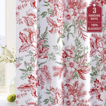 Blackout Christmas Curtain Set 52x96 Inches Vintage Floral 2 Panels - Red & Green