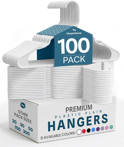 Utopia Home Plastic Hangers | 100 Pack - Durable Space-Saving Clothes Hangers - White Closet Organizers