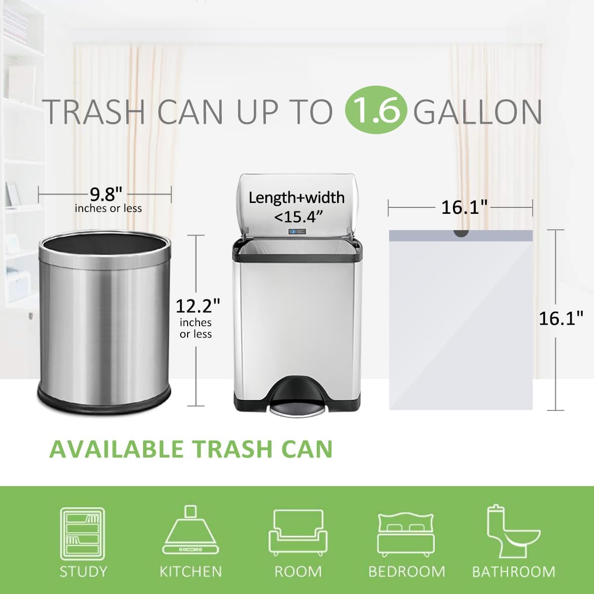 Teivio 1.6 Gallon Strong Drawstring Trash Bags - 120 Count White Liners for Home & Office