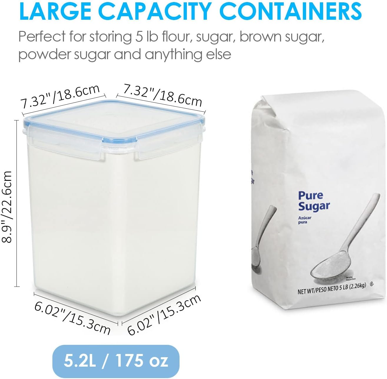 Vtopmart Large Food Storage Containers - 5.2L BPA-Free Airtight Canisters with Lids & Measuring Cups | Blue, 4-Pack