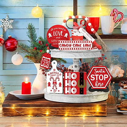 Christmas Tiered Tray Decor Set - Wooden Holiday Tabletop Signs, 7 Pieces