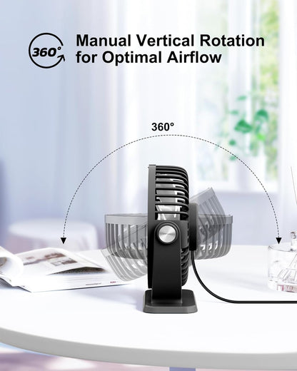 TriPole USB Powered Mini Desk Fan - 3 Speeds, 360° Rotation, Strong Airflow | 5.1 Inch Black