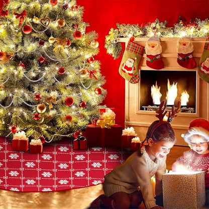 Christmas Tree Skirt 48 Inches Red with Gold Sequin Snowflakes - Holiday Decor