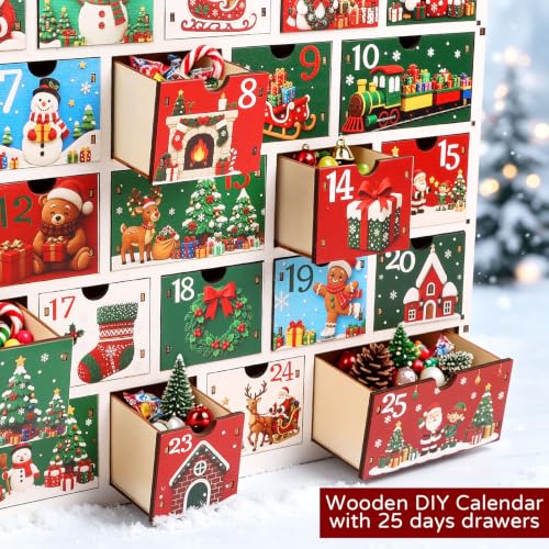 Multicolor Wooden Advent Calendar 2026 with 25 Cartoon Drawers Holiday Decor