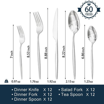 KINGSTONE 60-Piece Silverware Set - Premium 18/10 Stainless Steel Cutlery for Home & Weddings