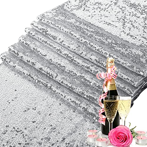 Silver Sequin Table Runner 12x108 Inch for Weddings Party & Holiday Decor - 2 Pack