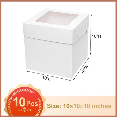 Mcfleet Cake Boxes - 10 Inch Tall Disposable Bakery Containers with Window | White 10-Pack for Events