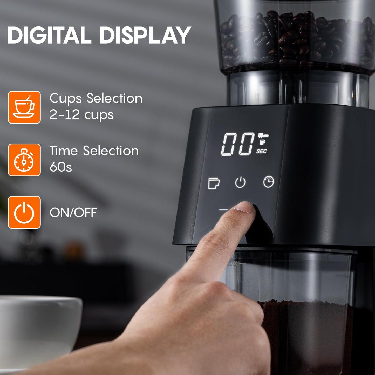 Ollygrin Conical Burr Coffee Grinder Electric Coffee Bean Grinder with Digital Timer 30 Precise Grind Settings Adjustable Burr Mill Grinder for 2-12 Cups Espresso Drip and French Press