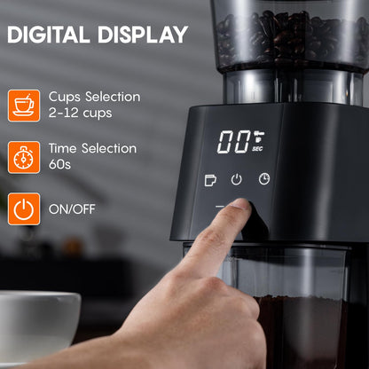 Ollygrin Conical Burr Coffee Grinder Electric Coffee Bean Grinder with Digital Timer 30 Precise Grind Settings Adjustable Burr Mill Grinder for 2-12 Cups Espresso Drip and French Press