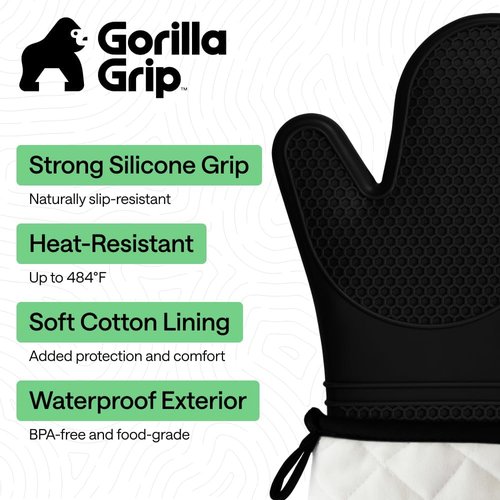 GORILLA GRIP Silicone Oven Mitts - BPA-Free, Heat Resistant, Waterproof | Set of 2, Black, 14.5x8.3 Inches
