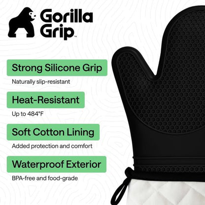 GORILLA GRIP Silicone Oven Mitts - BPA-Free, Heat Resistant, Waterproof | Set of 2, Black, 14.5x8.3 Inches