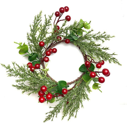 Skiennix Christmas Candle Rings - 4 Inch Artificial Red Berries & Pine Needles Wreaths | Rustic Holiday Decor