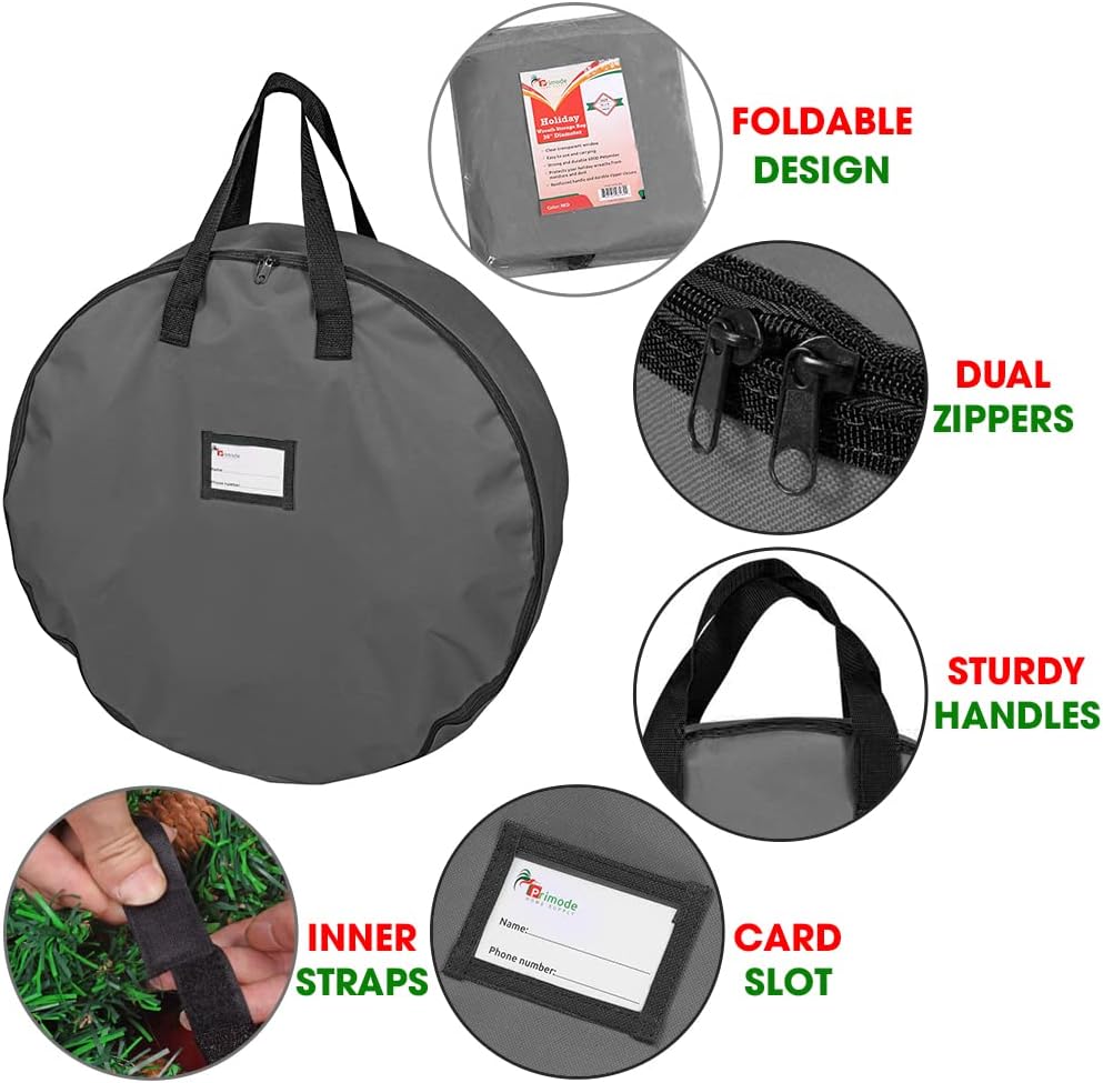 Primode Heavy Duty Wreath Storage Bag - 48" Garland Container with Handles | Durable 600D Oxford Polyester (Gray)