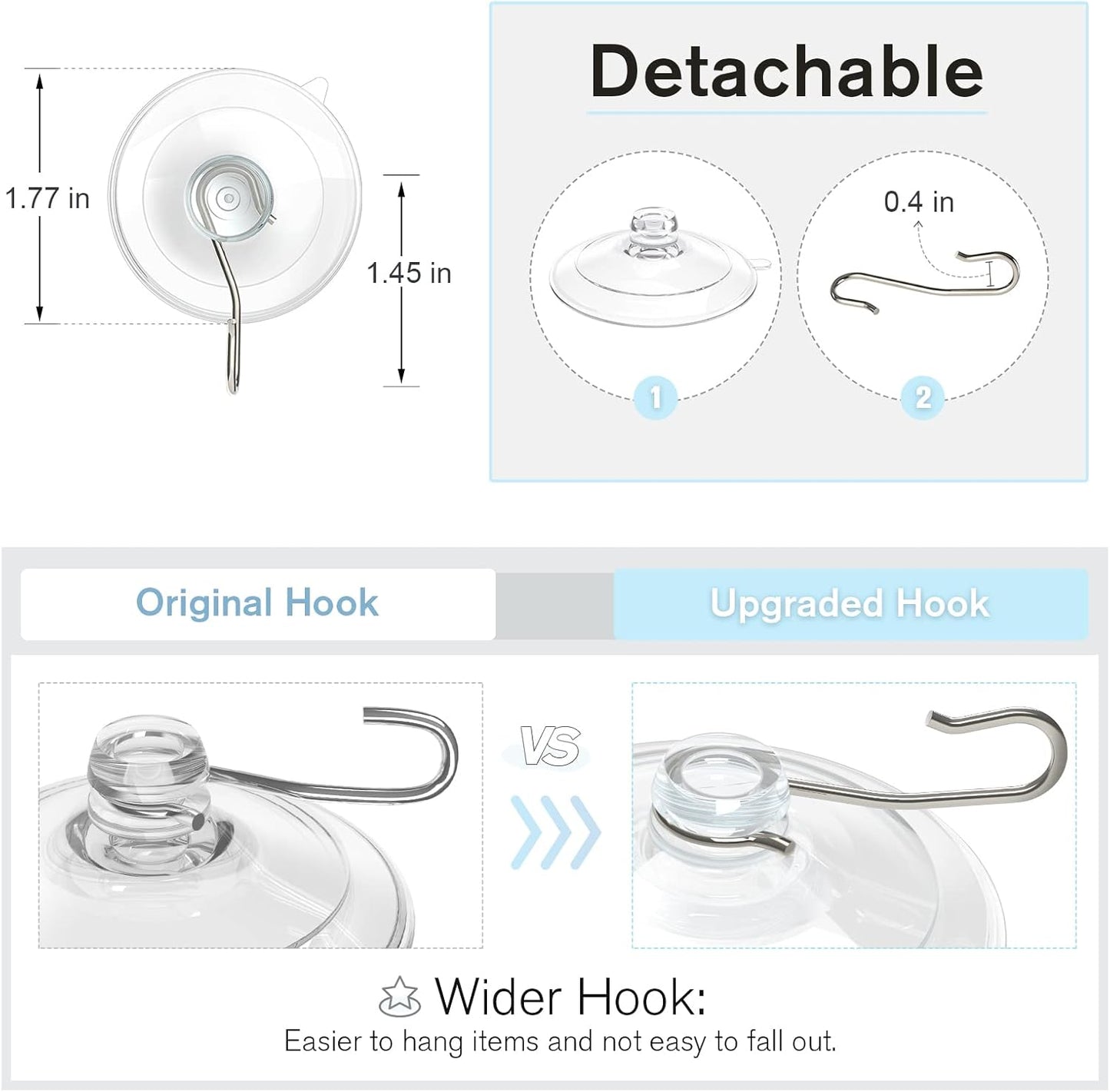 VIS'V Large Suction Cup Hooks - 2 Pcs with 12 Pcs Small Metal Hooks | Strong Hold & Versatile Use