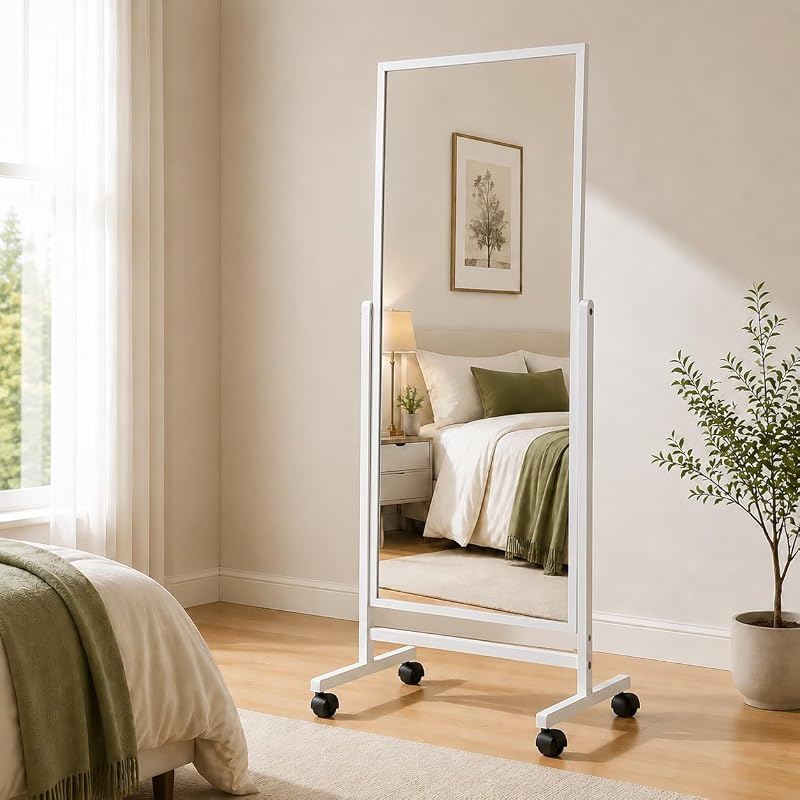Full Length Mirror with Wheels 65 x 22 in Freestanding White Wood Frame - Adjustable Tilt