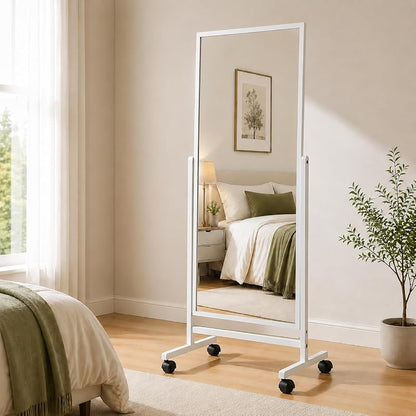 Full Length Mirror with Wheels 65 x 22 in Freestanding White Wood Frame - Adjustable Tilt