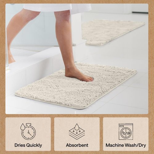 GORILLA GRIP Bath Rug Mat - Soft Absorbent Chenille | Quick-Dry Microfiber, 48x17, Ivory