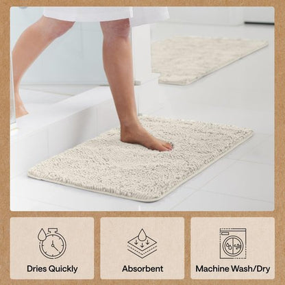 GORILLA GRIP Bath Rug Mat - Soft Absorbent Chenille | Quick-Dry Microfiber, 48x17, Ivory