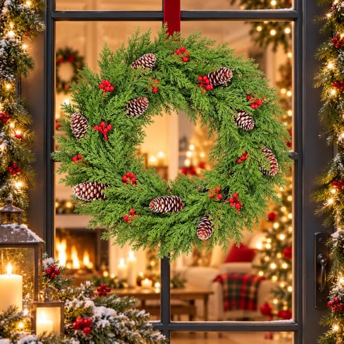 24 Inch Cedar Christmas Wreath with Red Berries & Snow-Frosted Pine Cones - Indoor Outdoor Holiday Decor