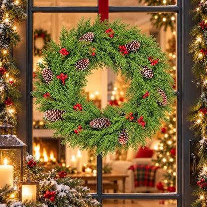 24 Inch Cedar Christmas Wreath with Red Berries & Snow-Frosted Pine Cones - Indoor Outdoor Holiday Decor