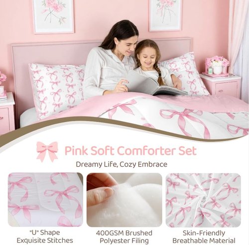 Erosebridal Twin Bedding Set - Cute Pink Bow Comforter for Girls | Kawaii Room Decor with 1 Pillowcase
