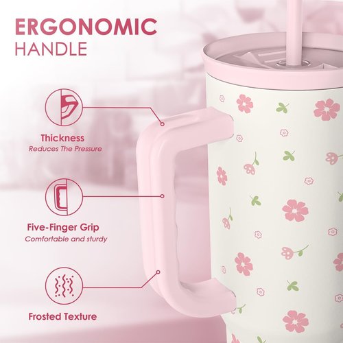 Floral 40oz Tumbler with Handle & Straw | Insulated Stainless Steel Travel Mug for Women - Perfect Gift for Any Occasion