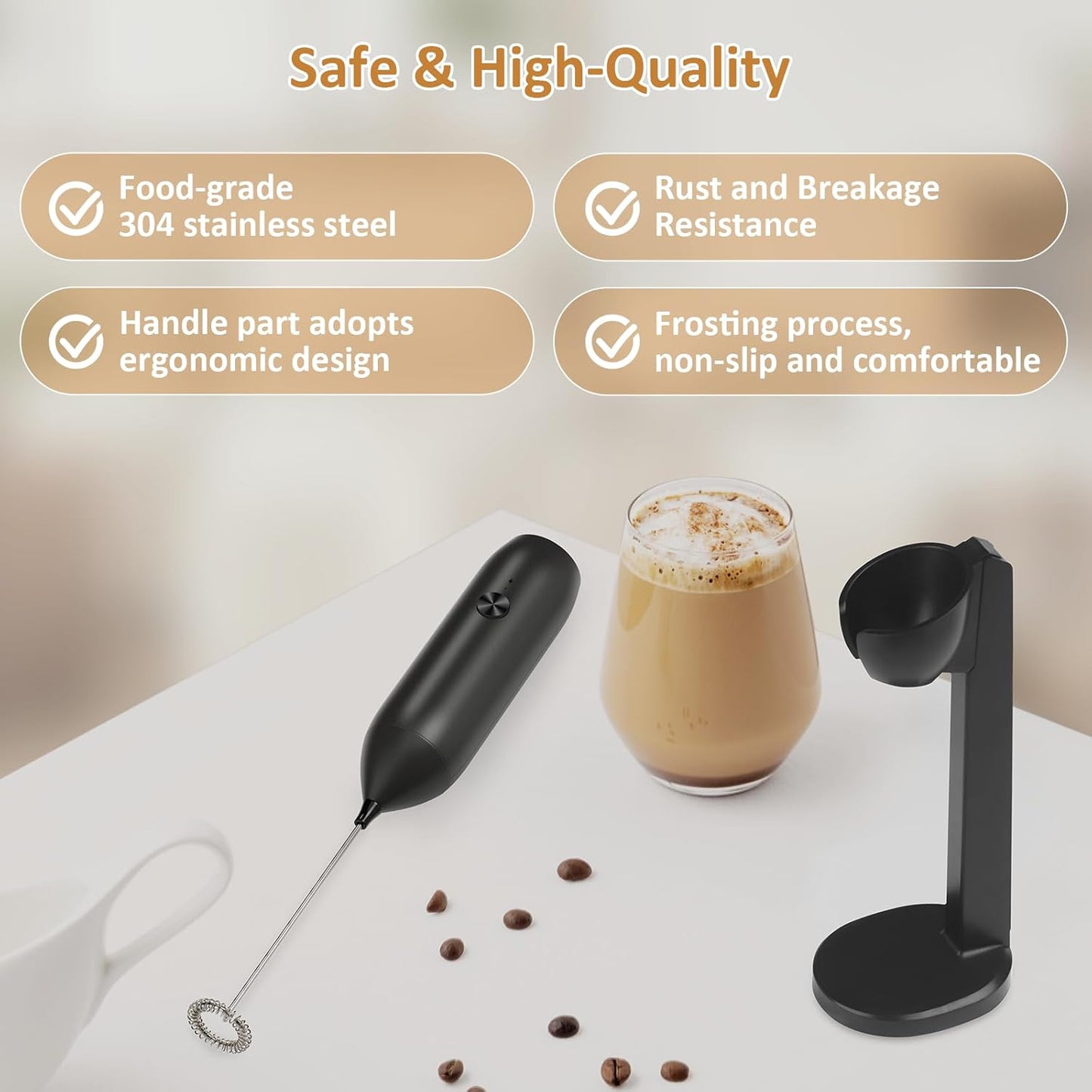 Skiennix Rechargeable Milk Frother - Powerful Handheld USB Type-C Foam Maker | Mini Mixer for Coffee & Lattes