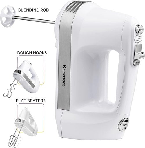 Kenmore Electric Hand Mixer - 5-Speed Handheld Blender with Whisk, Dough Hooks & Turbo Boost